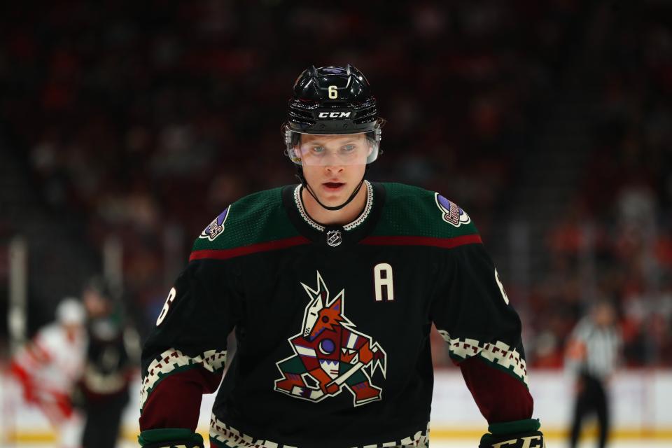 Nov 20, 2021; Glendale, Arizona, USA; Arizona Coyotes defenseman Jakob Chychrun (6) against the Detroit Red Wings at Gila River Arena. Mandatory Credit: Mark J. Rebilas-USA TODAY Sports