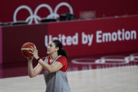 Canada's Natalie Achonwa takes part in a women's basketball practice at the 2020 Summer Olympics, Saturday, July 24, 2021, in Saitama, Japan. (AP Photo/Eric Gay)