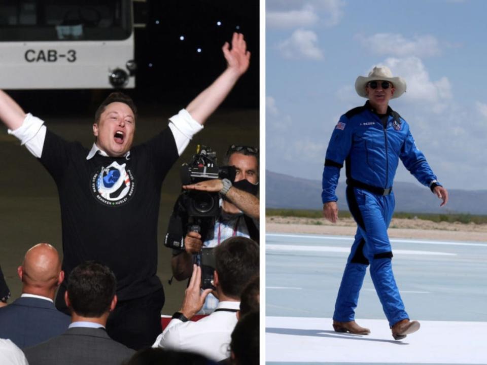 On left, Elon Musk wears a black space-themed t-shirt raising both hands in the air. On right, Jeff Bezos Wears a Blue Origin spacesuit and white cowboy hat walking down a concrete runway.