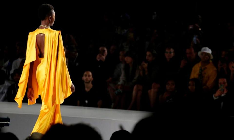 A model walks the runway at the Pyer Moss show at the Kings Theatre during the New York Fashion Week in Brooklyn on 8 September 2019.