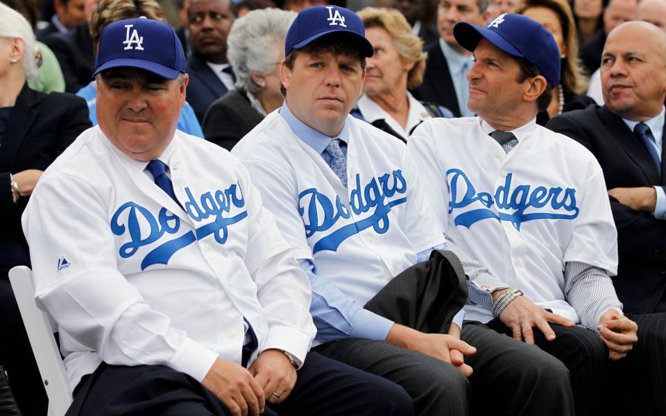 Todd Boehly (centre) with LA Dodgers co-owners Robert Patton Jr and Peter Gruber - REUTERS