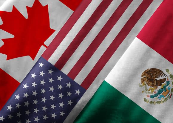 The Canadian, U.S., and Mexican flag in a row.