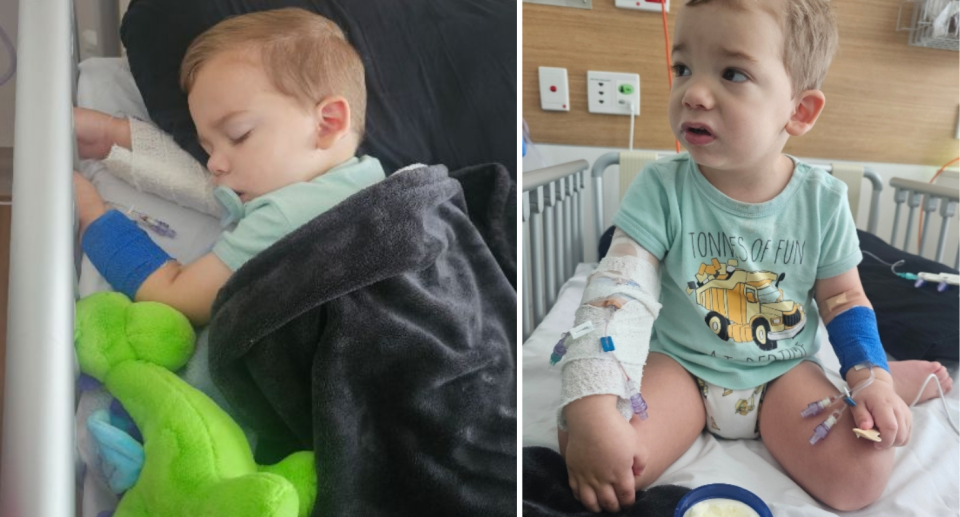 PJ lying down (left) and sitting up (right) in a hospital bed.