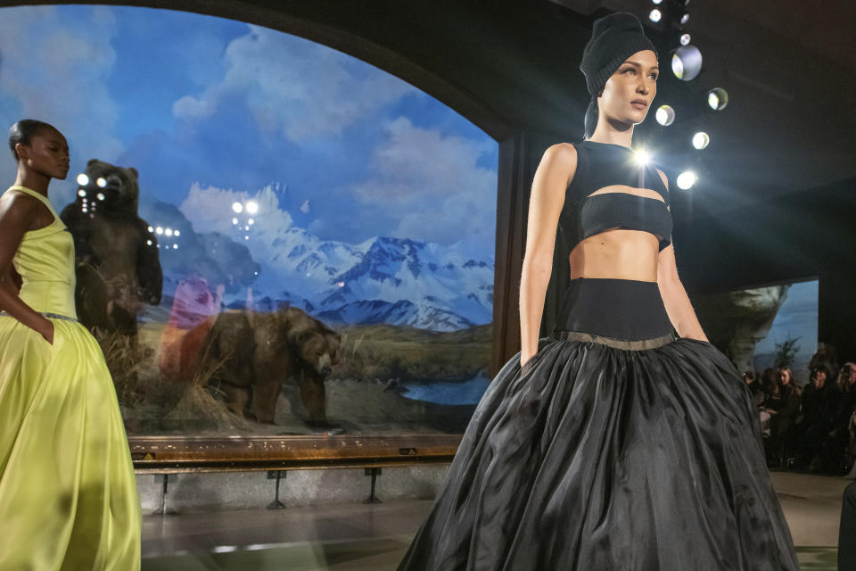The Brandon Maxwell collection is modeled at the American Museum of Natural History during NYFW Fall/Winter on Saturday, Feb. 8, 2020 in New York. (Photo by Charles Sykes/Invision/AP)