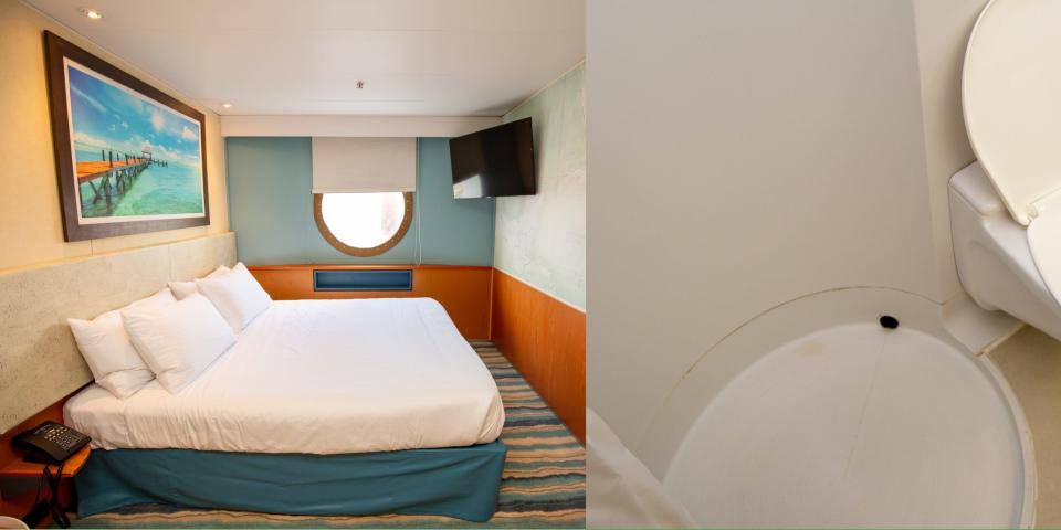 A composite image of a bedroom and bathroom on the Margaritaville cruise