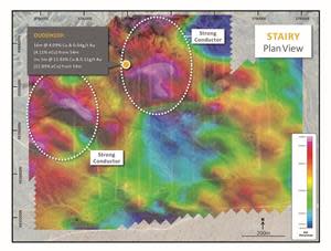 The Stairy Prospect MLEM plan map (combined 28 Channels) showing conductive anomalies.