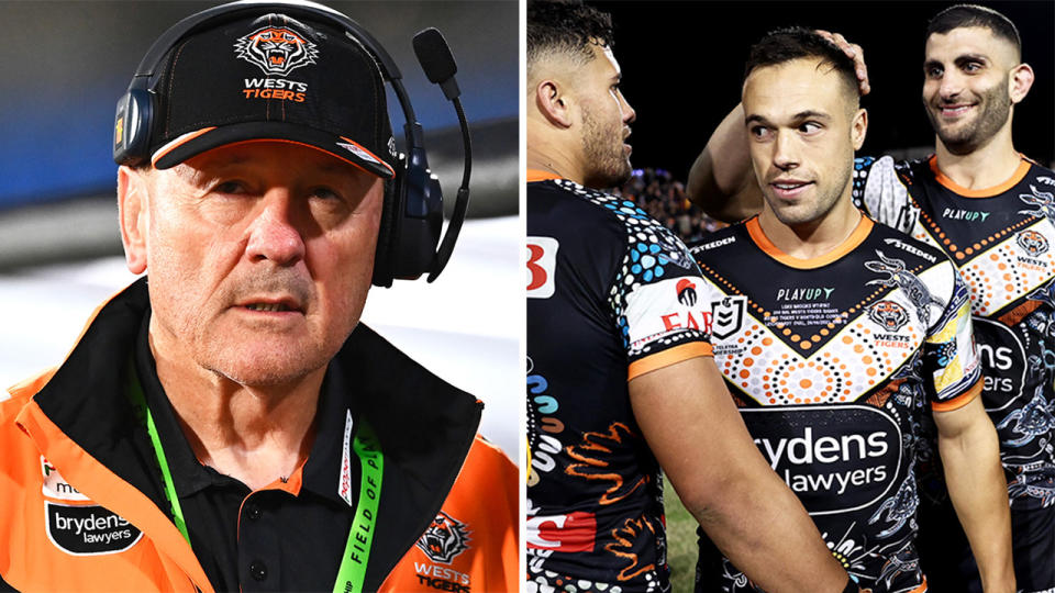 Tim Sheens during a match and player congratulate Luke Brooks.