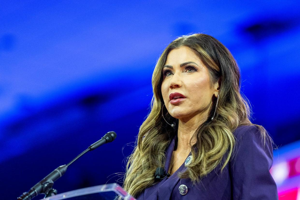 <span>Kristi Noem speaks at the Conservative Political Action Conference in Oxon Hill, Maryland, on 23 February 2024.</span><span>Photograph: Alex Brandon/AP</span>