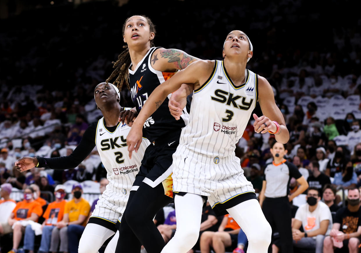 Kahleah Copper (2) of the Chicago Sky, Brittney Griner (42) of the Phoenix Mercury and Candace Parker (3) of the Sky battle for a rebound in Game 1 of the WNBA Finals. (Photo by Mike Mattina/Getty Images)