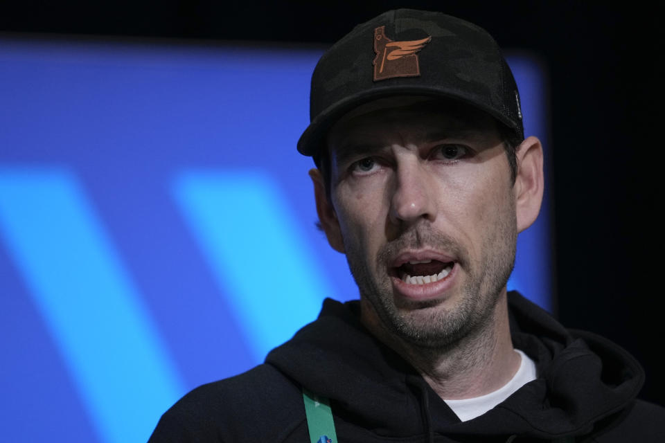 Indianapolis Colts head coach Shane Steichen speaks during a press conference at the NFL football scouting combine in Indianapolis, Wednesday, March 1, 2023. (AP Photo/Michael Conroy)