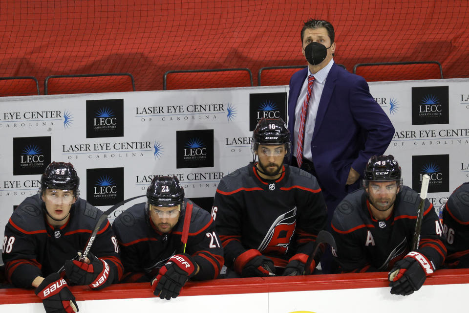 RALEIGH, NORTH CAROLINA - MARCH 04: Head coach Rod Brind'Amour of the Carolina Hurricanes looks on during the third period of their game against the Detroit Red Wings at PNC Arena on March 04, 2021 in Raleigh, North Carolina. (Photo by Jared C. Tilton/Getty Images)