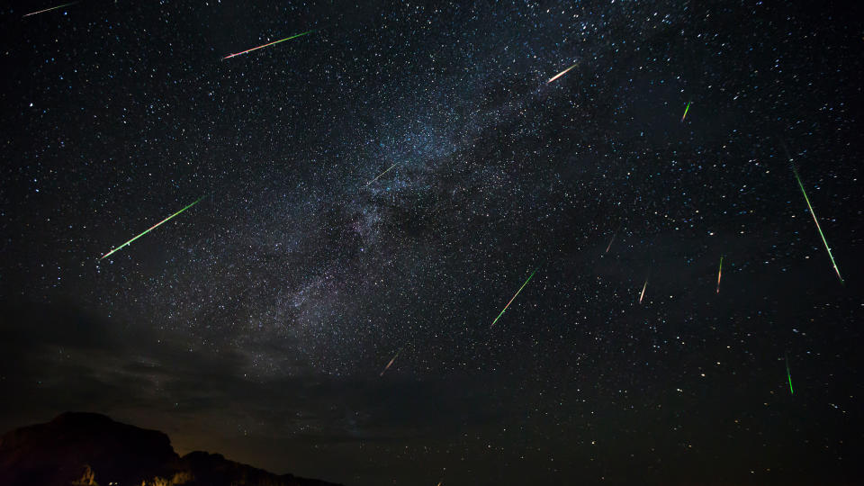 Jason Weingart captures meteors of the Perseid Meteor Shower as they dart across the night sky, on August 14, 2016 in Terlingua, Texas.  / Credit: Jason Weingart / Barcroft Images