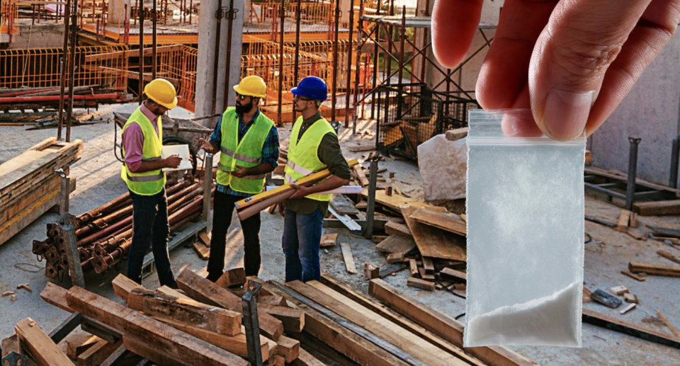 Tradesmen on a construction site next to a hand holding a bag of white substance