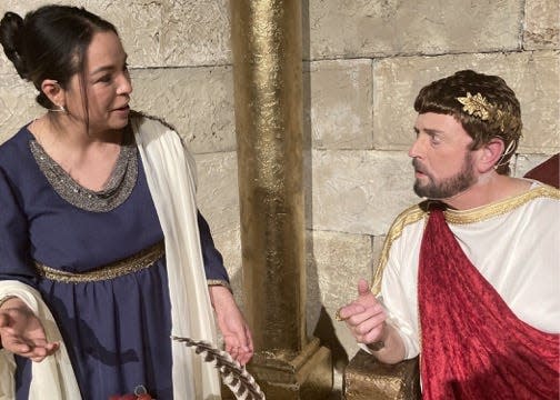 Pontius Pilate (played by Ron Meadows) attempts to reassure his wife, Claudia (played by Susan Collazo) that the Jewish God will not seek retribution for the execution of Jesus in 33 A.D., opening March 2 at Ragtown Gospel Theater in Post.