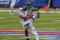 Buffalo Bills outside linebacker Matt Milano (58) intercepts a pass intended for New York Jets wide receiver Jamison Crowder (82) during the first half of an NFL football game in Orchard Park, N.Y., Sunday, Sept. 13, 2020. (AP Photo/Jeffrey T. Barnes)