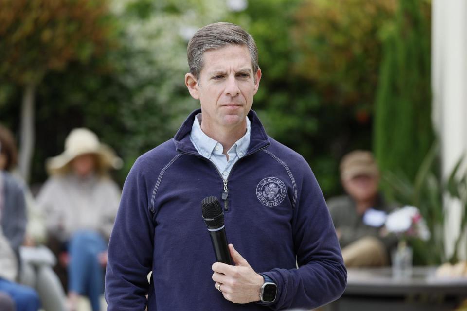 PHOTO: Rep. Mike Levin, a Democrat who represents California's 49th Congressional District, speaks at a supporter's 'house party,' June 1, 2024, in Encinitas, Calif. (Allen J. Schaben/Los Angeles Times via Getty Images)