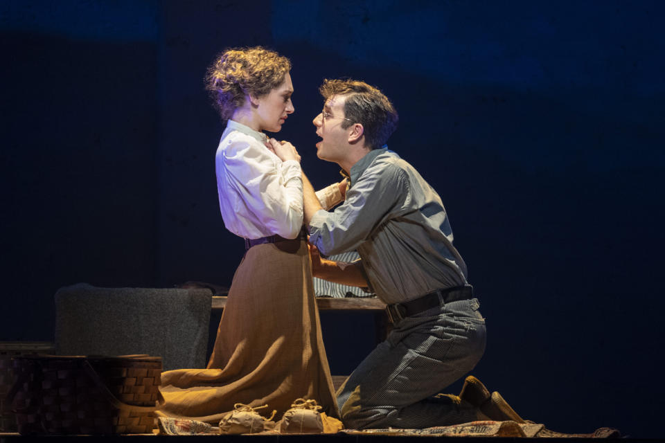 This image released by DKC/O&M shows Micaela Diamond, left, and Ben Platt during a performance of "Parade." (Joan Marcus/DKC/O&M via AP)