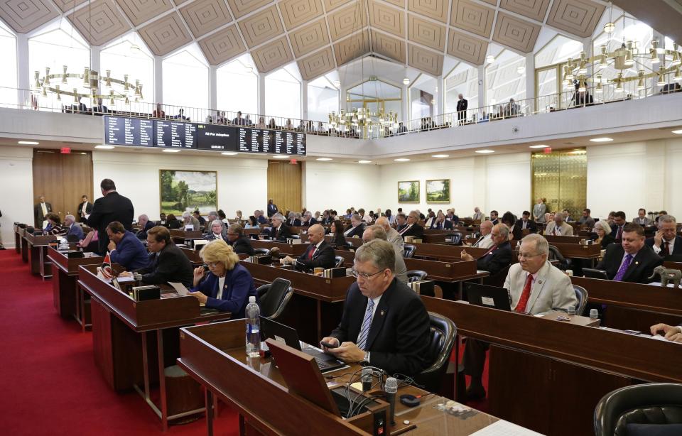 FILE - In this July 24, 2018, file photo, members of the North Carolina House gather for a special session at the General Assembly in Raleigh, N.C. Two North Carolina state House Republicans have lost their caucus leadership positions after recent comments directed at Democratic colleagues questioning their religion and educational attainment. A top House GOP leader announced on Thursday, May 25, 2023 that Reps. Keith Kidwell and Jeff McNeely, who are both white, are no longer deputy majority whips after their resignations were sought by other GOP leaders. (AP Photo/Gerry Broome, File)