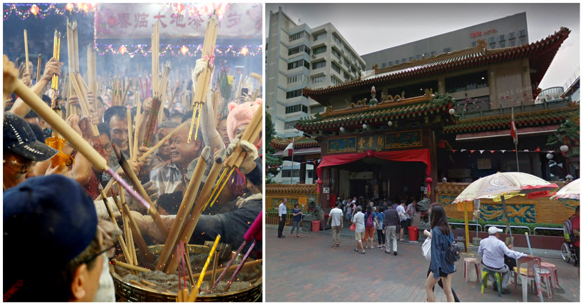 The Chinese New Year's eve incense offering event (left) at the Kwan Im Thong Hood Cho Temple in Waterloo Street. (PHOTOS: Reuters/Google Maps)