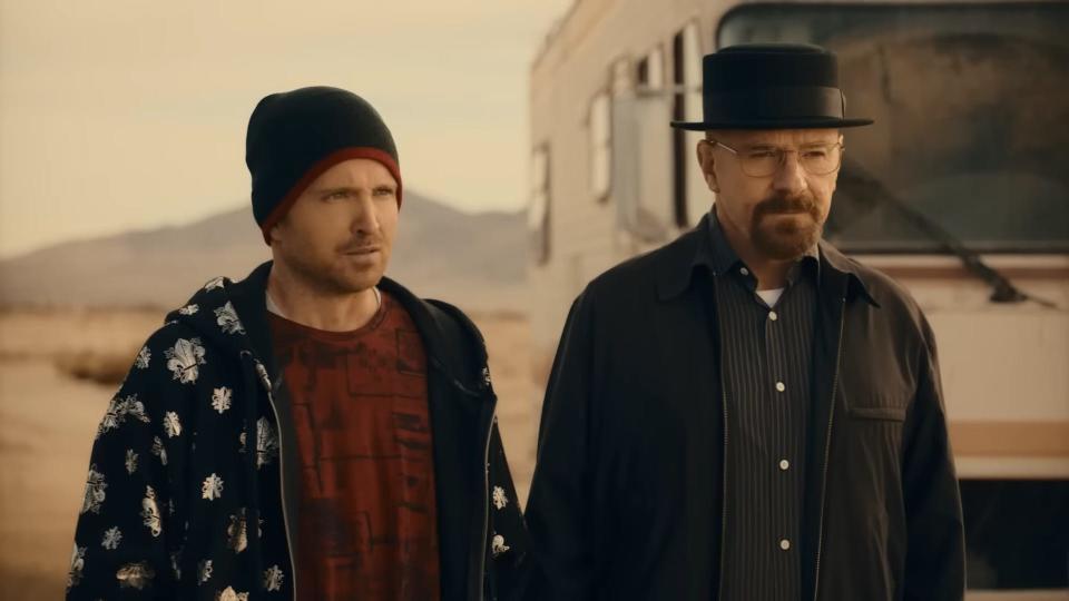 Aaron Paul and Bryan Cranston as Jesse Pinkman and Walter White in a commercial for PopCorners.