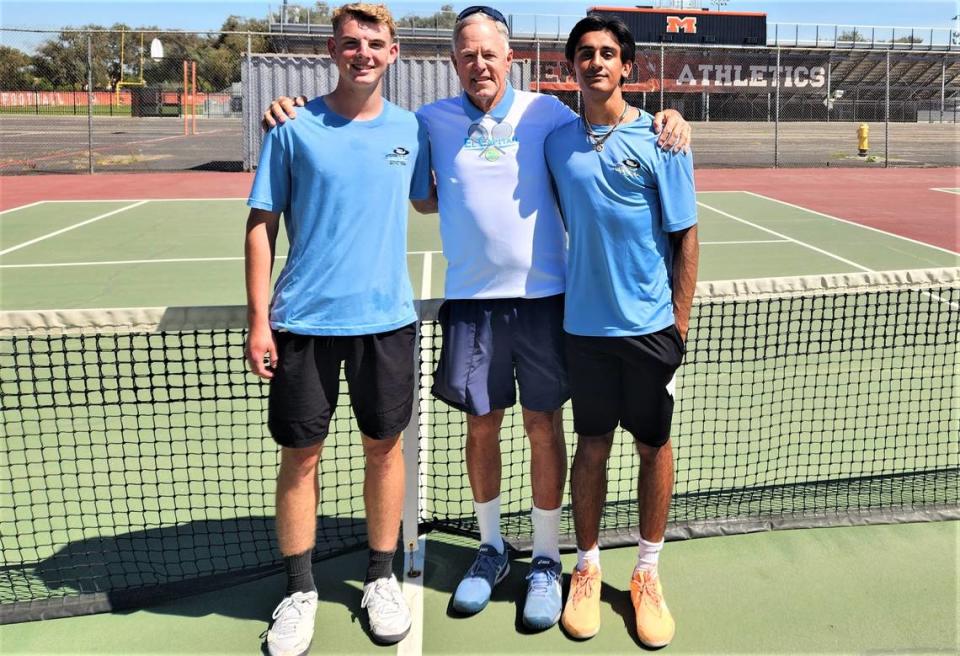 El Capitan High School senior Carson Trost (left) poses for a photo with coach Don Bragonier and teammate Nikhil Parikh at the Central California Conference championships.