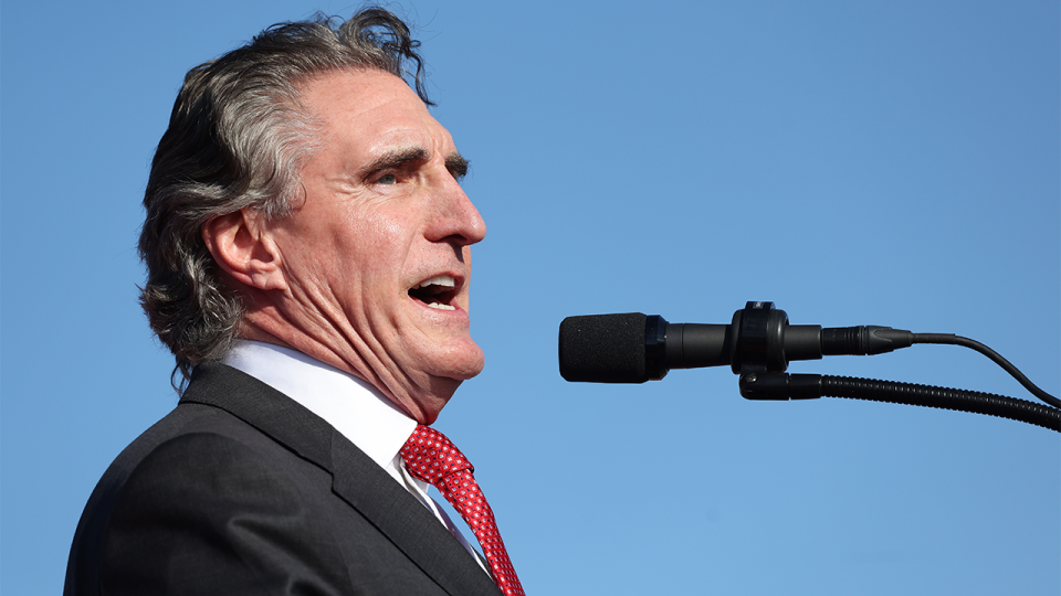North Dakota Gov. Doug Burgum speaks during a campaign rally for Republican presidential candidate former President Trump in Wildwood, New Jersey, Saturday.