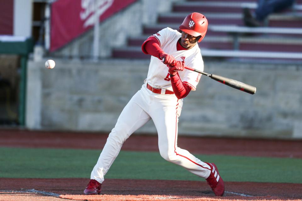 BLOOMINGTON, IN - February 28, 2023 - outfielder Devin Taylor #5 of the Indiana Hoosiers during the game between the Butler Bulldogs and the Indiana Hoosiers at Bart Kaufman Field in Bloomington, IN.