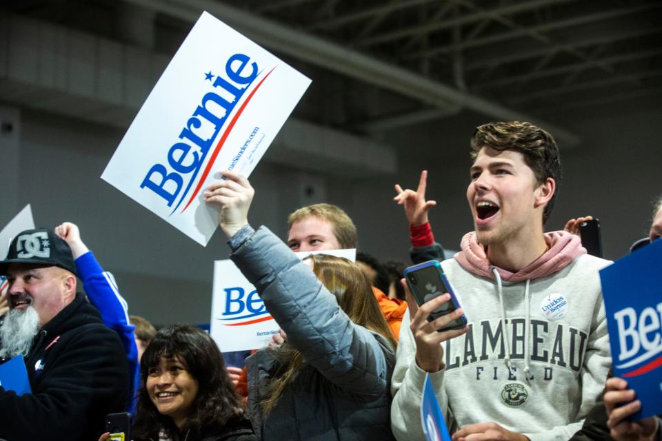 Supporters of Democratic presidential candidate U.S. Sen. Bernie Sanders, I-Vt., cheer during campaign rally, Saturday, Nov., 9, 2019, at the Coralville Mariott Hotel and Conference Center, in Coralville, Iowa.