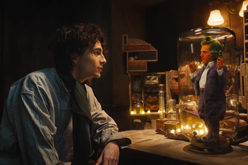 Willy (Timothée Chalamet) meets Oompa Loompa (Hugh Grant). Photo courtesy of Warner Bros. Pictures