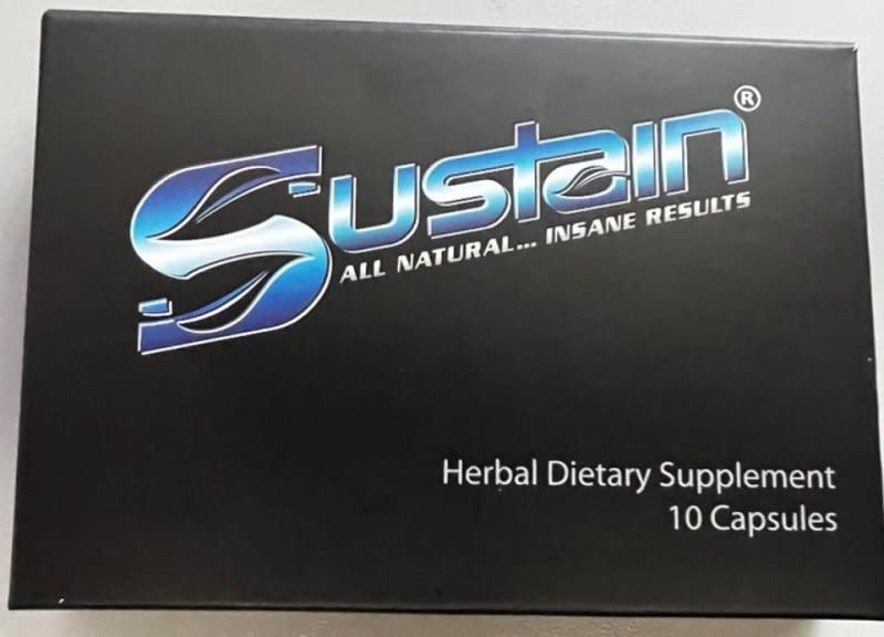 The FDA announced a recall of Today The World's Sustain supplement capsules as they contained undeclared drugs used to treat male erectile dysfunction. Photo courtesy of FDA