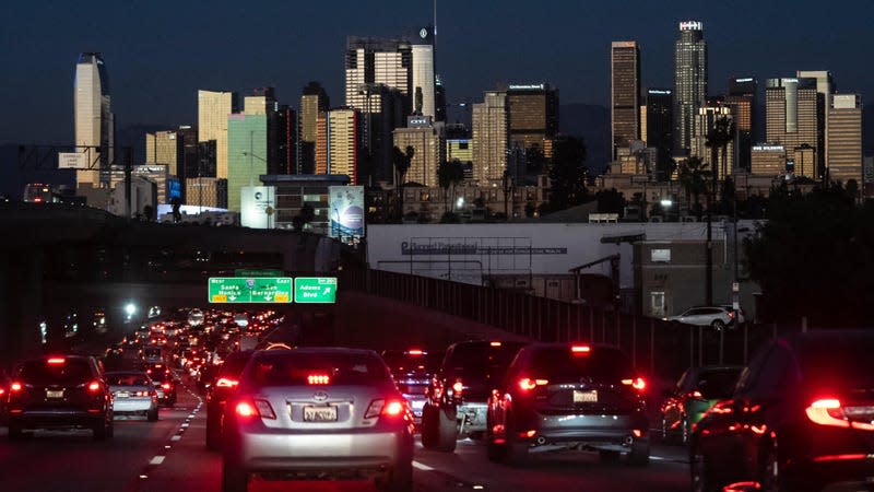 Traffic moves along the 110 Freeway in Los Angeles, Tuesday, Nov. 22, 2022.