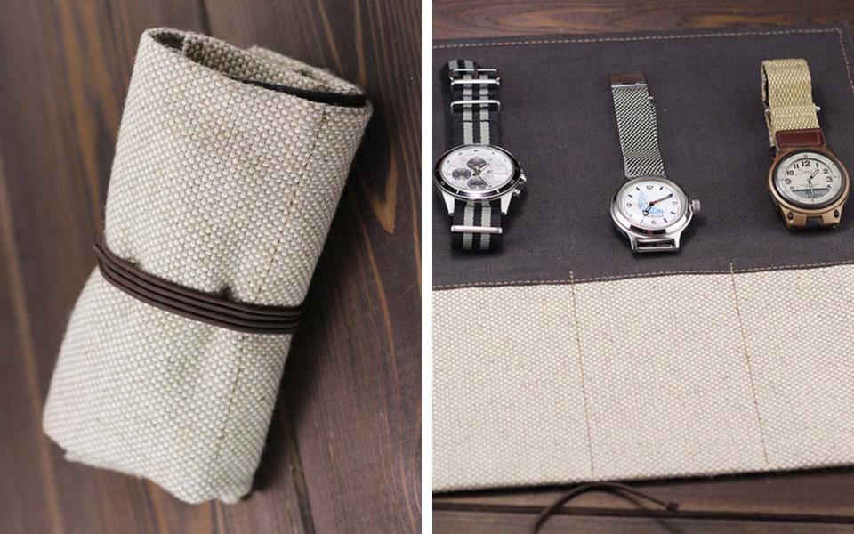 <p>This cool canvas watch protector is perfect for travel. It fits four watches but could easily be used for bracelets, too.</p> <p>To buy: <a rel="nofollow noopener" href="http://www.awin1.com/cread.php?awinmid=6220&awinaffid=272513&clickref=TLTRVG1JewelryCasesDZJun17&p=https%3A%2F%2Fwww.etsy.com%2Flisting%2F514730749%2Fcanvas-travel-watch-roll-light-grey" target="_blank" data-ylk="slk:etsy.com;elm:context_link;itc:0;sec:content-canvas" class="link ">etsy.com</a>, $30</p>