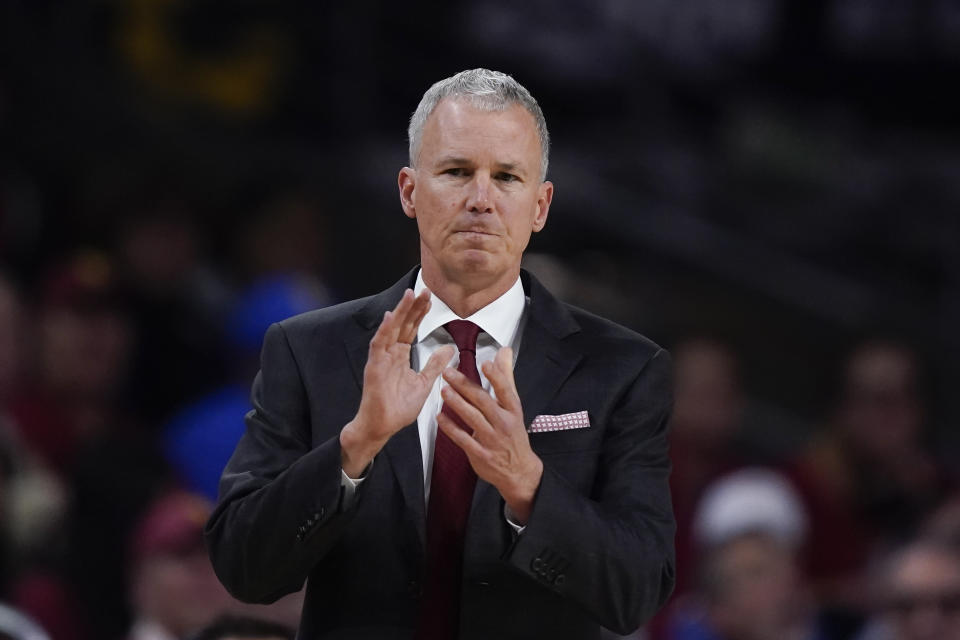 Southern California head coach Andy Enfield reacts during the first half of an NCAA college basketball game against UCLA, Saturday, Jan. 27, 2024, in Los Angeles. (AP Photo/Ryan Sun)