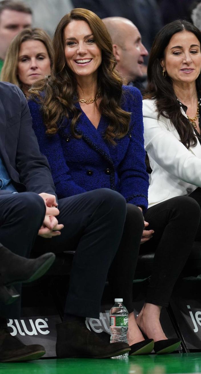<p>Following her first day of involvements with Earthshot, the princess opts for a more dressed down look—a cobalt blue double-breasted tweed blazer by Chanel paired with dark gray jeans and black suede pumps by Gianvito Rossi—while enjoying an <a href="https://www.harpersbazaar.com/celebrity/latest/a42120907/prince-william-kate-middleton-nba-courtside-boston/" rel="nofollow noopener" target="_blank" data-ylk="slk:evening with Prince William" class="link ">evening with Prince William</a> at the TD garden arena for a game between the Boston Celtics and the Miami Heat.</p>