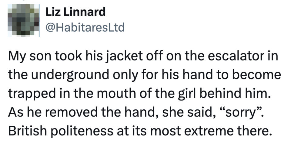 Tweet describes a humorous situation where a boy's hand got trapped in a girl's mouth when he took off his jacket on an escalator, and she apologized