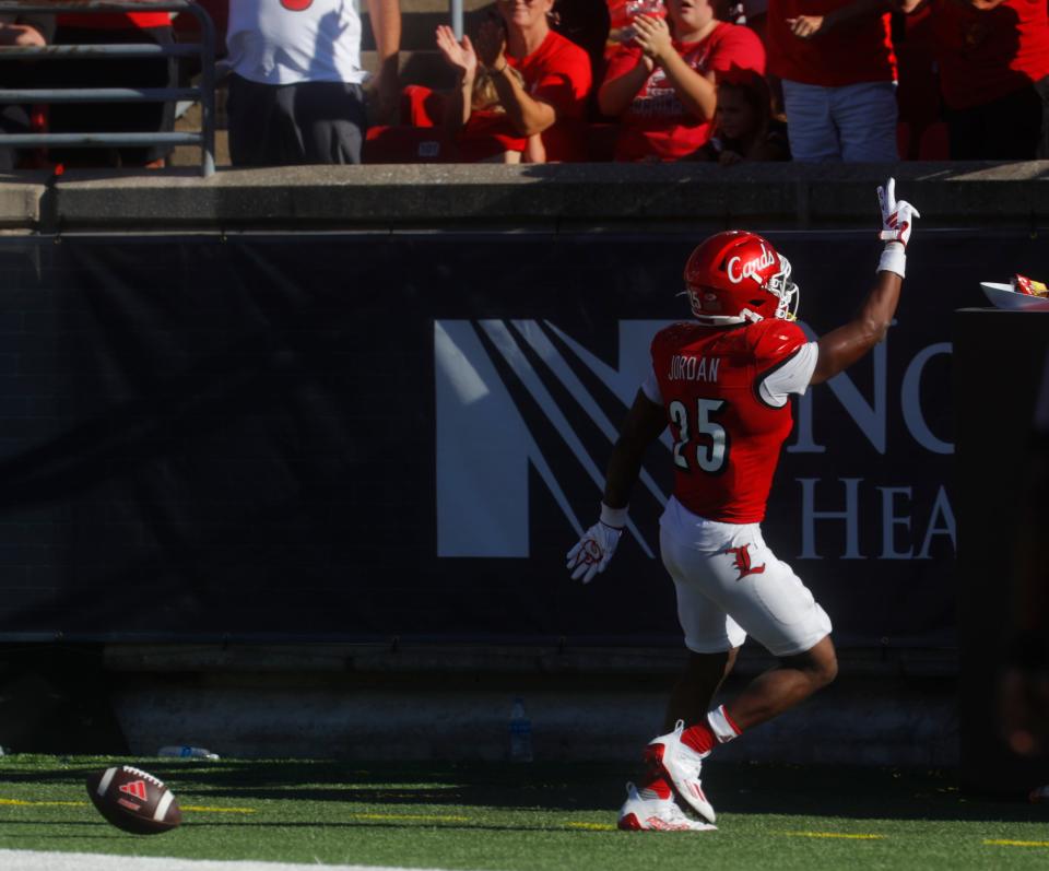 Louisville’s Jawhar Jordan runs for a touchdown against Boston College Saturday afternoon at L&N Stadium. Sept. 23, 2023