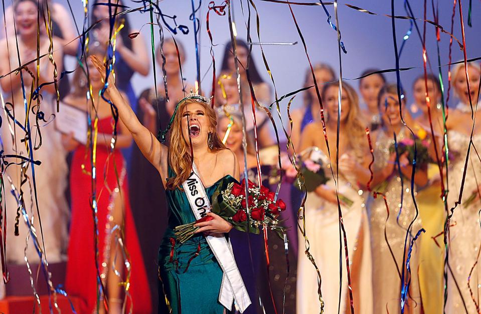 Streamers fall as Miss North Coast Madison Miller reacts after being winning Miss Ohio 2023 on the final night of the Miss Ohio Scholarship show June 17 at the Renaissance Theater.