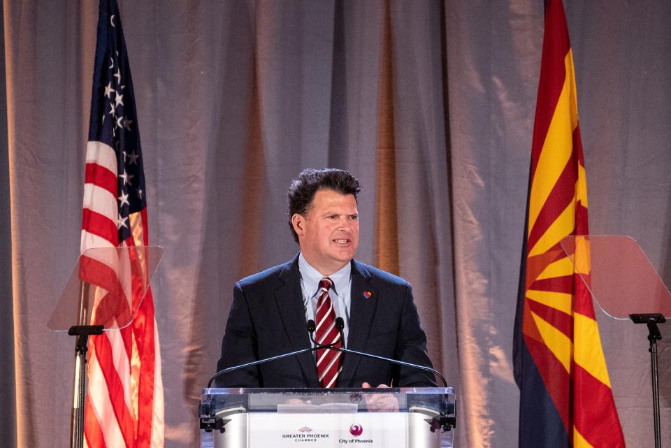 Steve Sisneros, vice president of Aircraft Affairs Southwest Airlines, speaks during the State of the City address at the Sheraton Downtown Phoenix hotel in Phoenix on April 12, 2023.