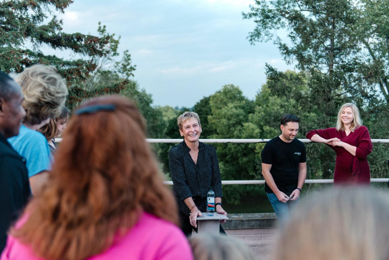 Iowa astronaut Peggy Whitson speaks to attendees at Capital City Pride's Fireside Chat event at the Drake Municipal Observatory on Sept. 22, 2023.