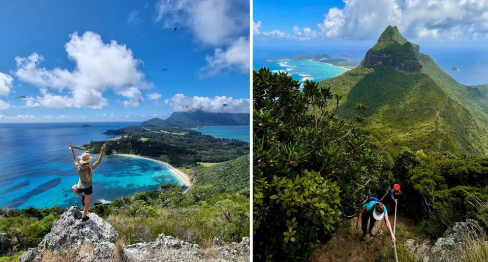 On the left, a woman stands on a rock overlooking the idyllic ocean view on Lord Howe Island, while right, bushwalkers ascend a hill.