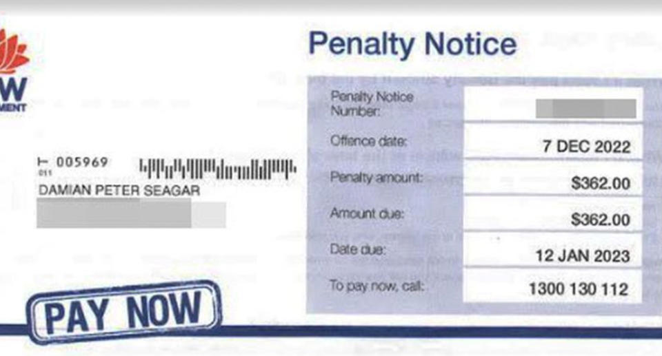 A photo of the letter the Erskineville local received, detailing the $362 fine from December.