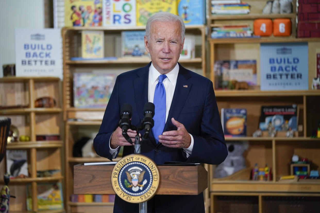 President Joe Biden speaks during a visit to the Capitol Child Development Center, Friday, Oct. 15, 2021, in Hartford, Conn. (AP Photo/Evan Vucci)