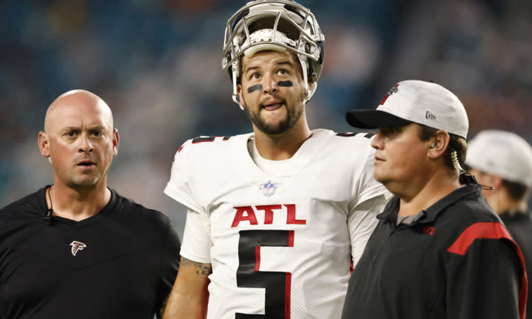 Falcons quarterback AJ McCarron on the field.