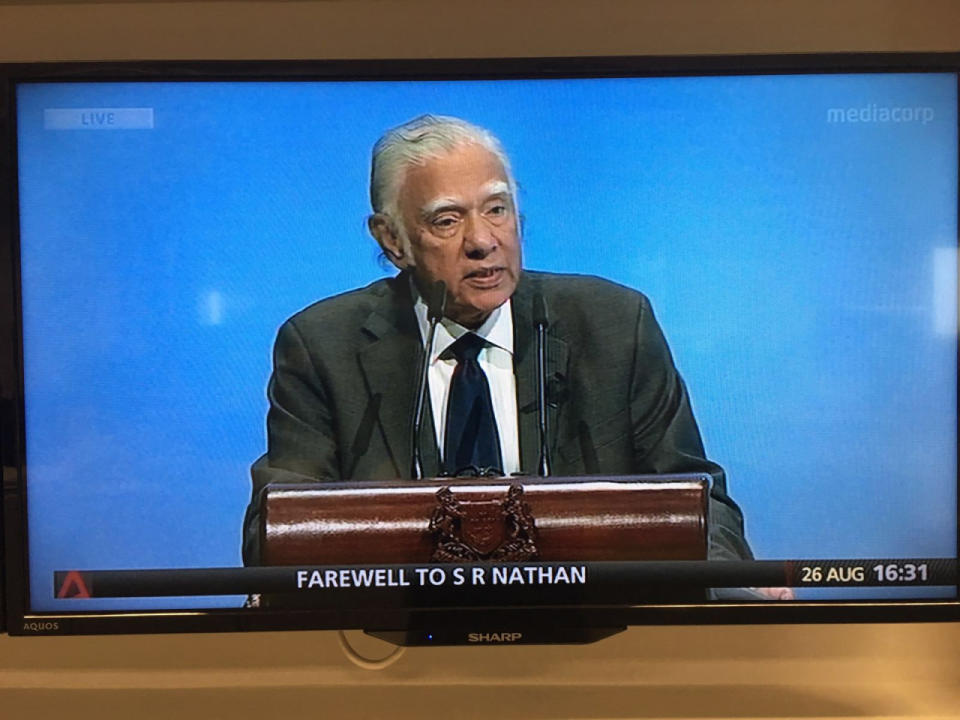 Ambassador-at-Large Gopinath Pillai delivers his eulogy, recalling S R Nathan’s contributions to Singapore’s Indian community. (Photo: TV screenshot)