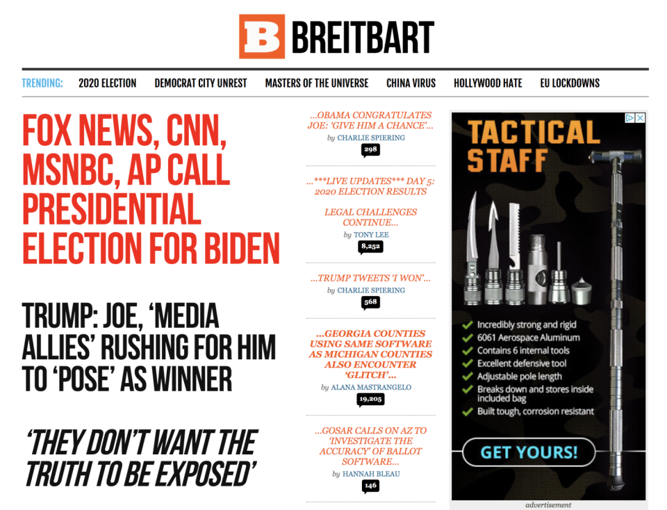 This is the breitbart.com homepage after Joe Biden was elected president.