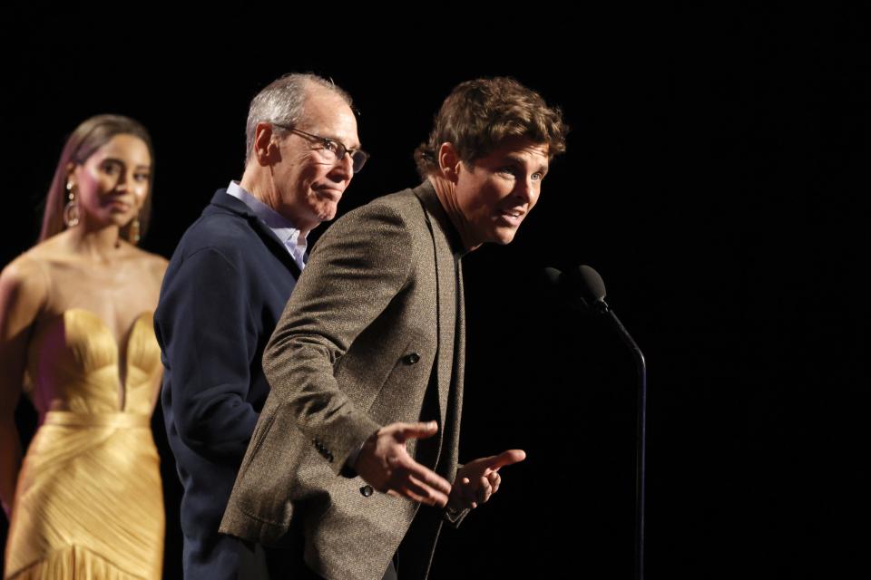 Alan Barinholtz, left, and James Marsden were on hand Feb. 25 to accept the Best Ensemble Cast in a New Scripted Series award for "Jury Duty" at the 2024 Film Independent Spirit Awards.