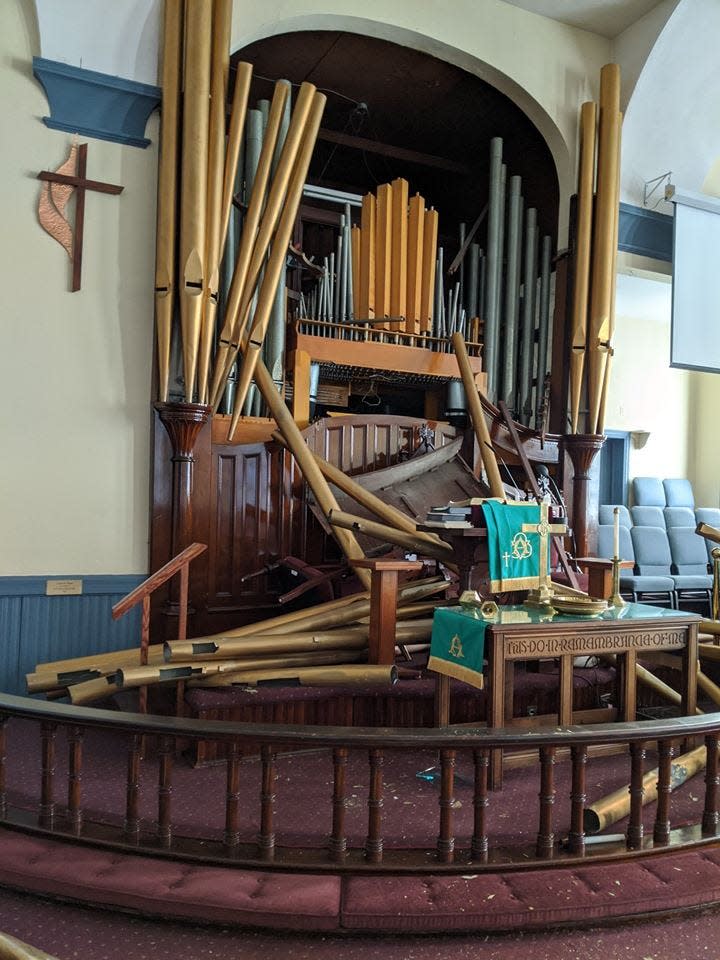 Damaged organ pipes from an attempted theft at First United Methodist Church of Freehold, N.J., on Wednesday, Jan. 22, 2020.