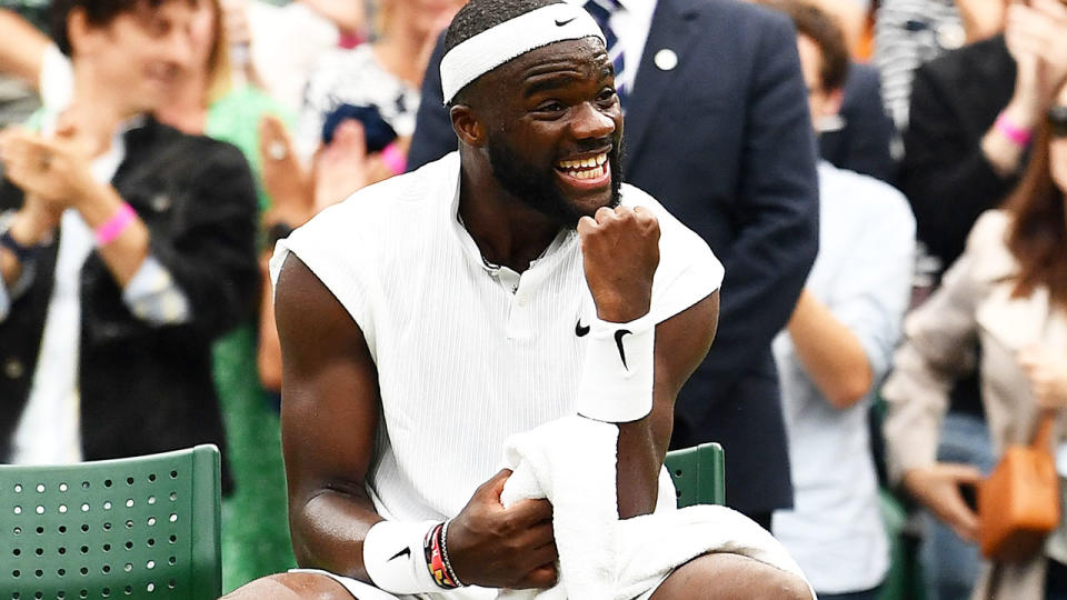 Frances Tiafoe, pictured here celebrating his win over Stefanos Tsitsipas at Wimbledon.