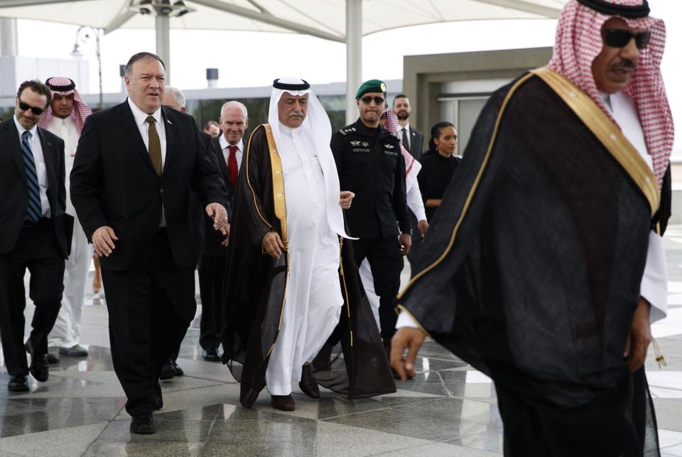 Secretary of State Mike Pompeo is welcomed by Saudi Foreign Minister Ibrahim Abdulaziz Al-Assaf upon his arrival in the Saudi Red Sea city of Jeddah on June 24, 2019.