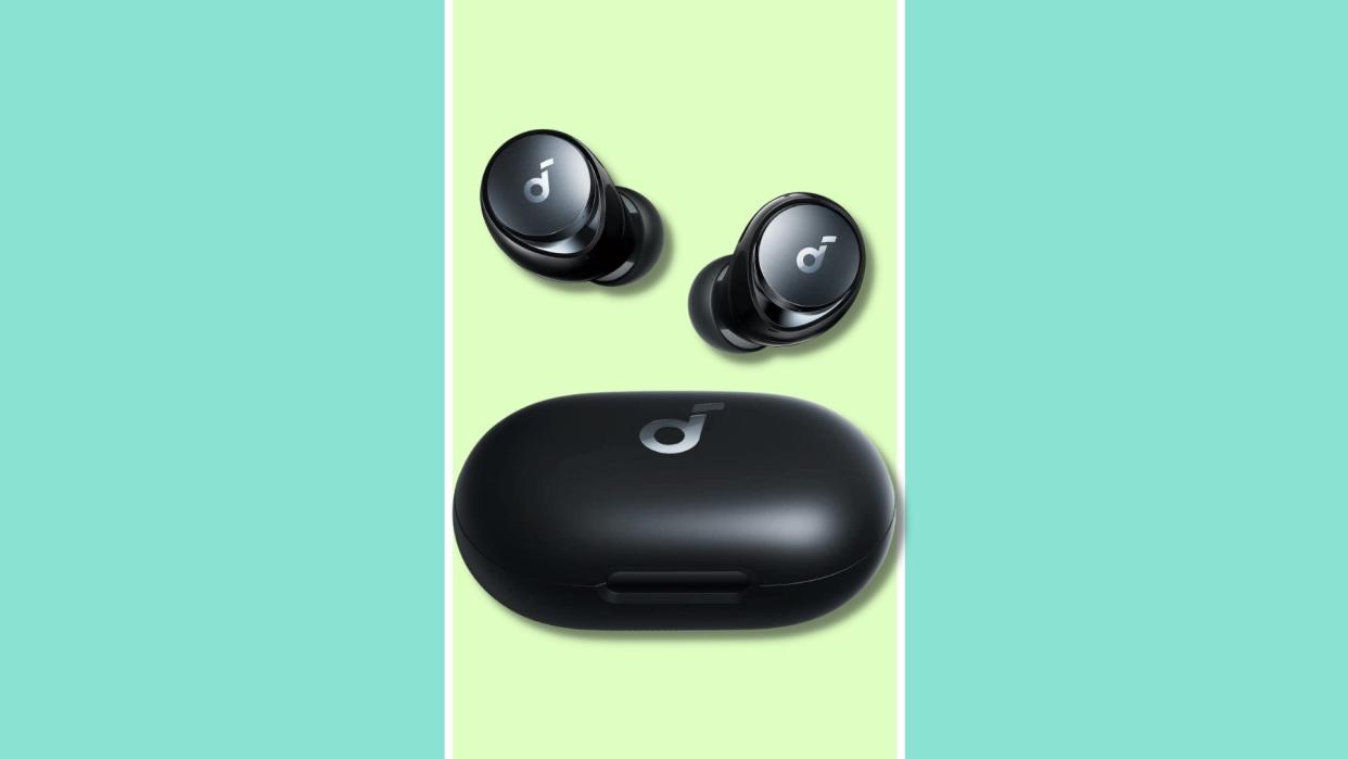 A pair of Soundcore earbuds.